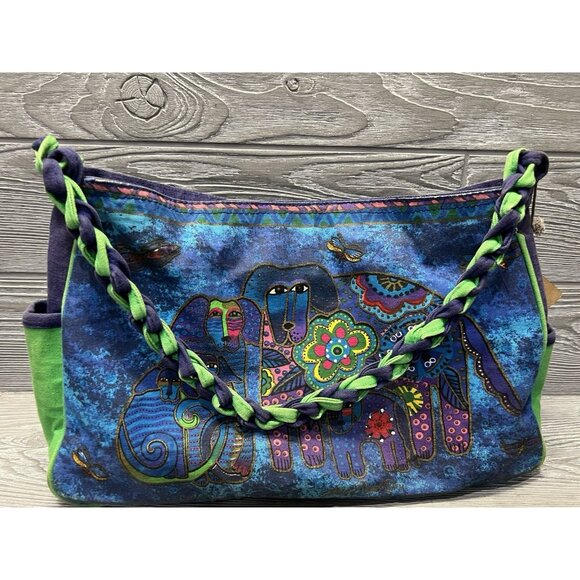 Laurel Burch Dog Tote Bag Purse Shoulder Handbag Braided Strap Colorful Puppies - Picture 9 of 11